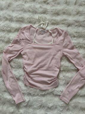 Pink Ribbed Long-Sleeve Square-Neck Top with lace details